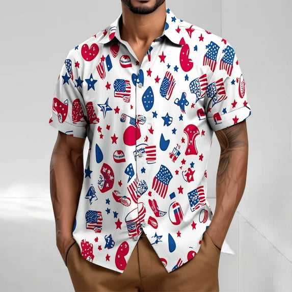 4Th Of July Hawaiian Shirts For Men Vintage USA Flag Printed Short Sleeve Tees Summer Casual Short Sleeve Button Up Lapel T-Shirt White XXXL