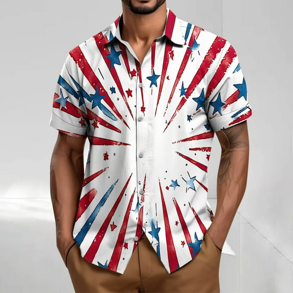 4Th Of July Hawaiian Shirts For Men Vintage USA Flag Printed Short Sleeve Tees Summer Casual Short Sleeve Button Up Lapel T-Shirt White XXXXL