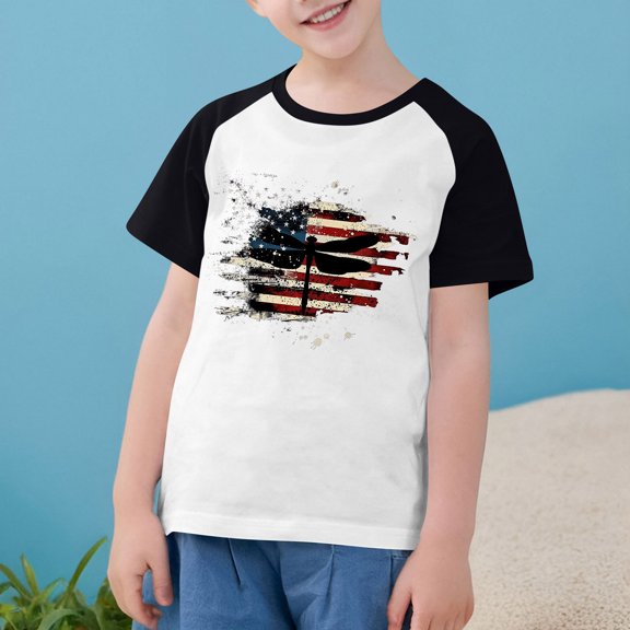 4Th Of July Independence Day T-Shirt For Kids Boys Girls American Flag Patriotic Shirt Casual Raglan Short Sleeve Top Black 5-6 Years