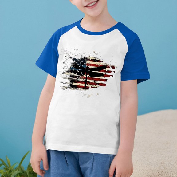 4Th Of July Independence Day T-Shirt For Kids Boys Girls American Flag Patriotic Shirt Casual Raglan Short Sleeve Top Blue 3-4 Years