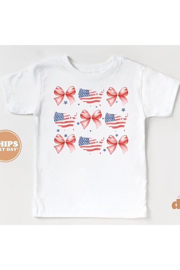 4Th Of July Memorial Day Toddler T-Shirt - American Flag With Bows Kids Tshirt - Retro TODDLER SHORT SLEEVE TEE BELLA CANVAS 3001T