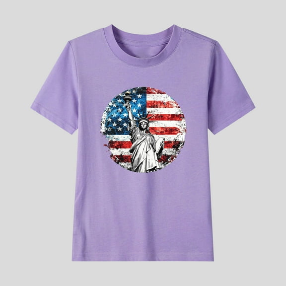 4Th Of July New Shirt For Girls Boys Trendy Independence Day Flag Graphic Shirts Casual Short Sleeve Round Neck Cotton Tee Purple 7-8 Years