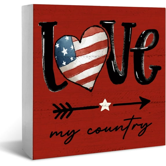 4Th Of July Patriotic Decor Wood Box Sign, Home Decor Of Shelf Table Tiered Tray, Americana, Farmhouse Red Blue White Decor Love My Country Home Office Bedroom, 5x5 Inch