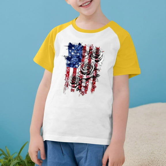 4Th Of July Patriotic Shirts For Boys Girls Independence Day Flag Graphic Tees Casual Raglan Short Sleeve T-Shirts Yellow 7-8 Years