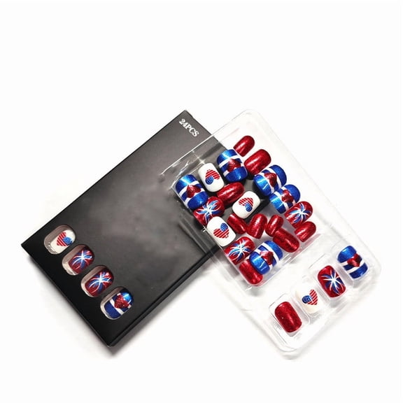 4Th Of July Press On Nails Short Square Red Blue Stripe Stars 24Pcs