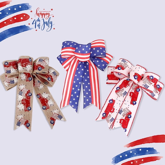 4Th Of July Ribbon Bow Decor, 6Pcs Patriotic Star Striped Ribbon Bow Ornament Party Decoration For Independence Day Festive Event Accessory