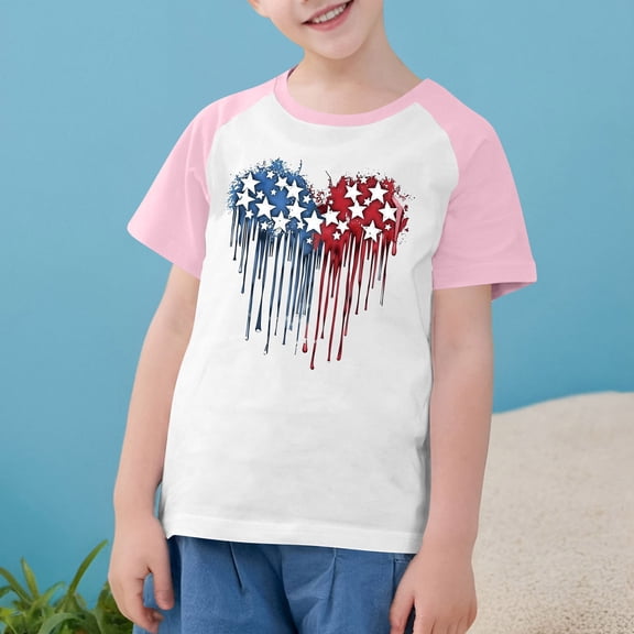4Th Of July Shirts For Kids Boys Girls Independence Day Flag Print Shirt Casual Raglan Short Sleeve Round Neck Tees Pink 5-6 Years