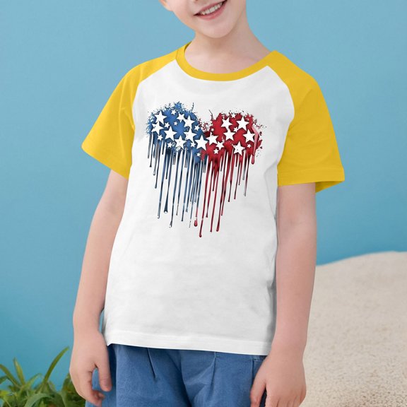 4Th Of July Shirts For Kids Boys Girls Independence Day Flag Print Shirt Casual Raglan Short Sleeve Round Neck Tees Yellow 9-10 Years