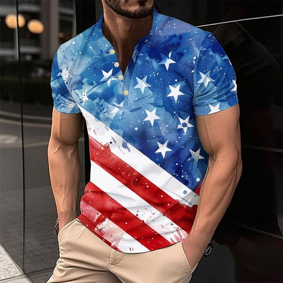 4Th Of July Shirts For Men American Flag Graphic Button Tee Casual Short Sleeve Round Neck Patriotic Blouse Multicolor XXXXL