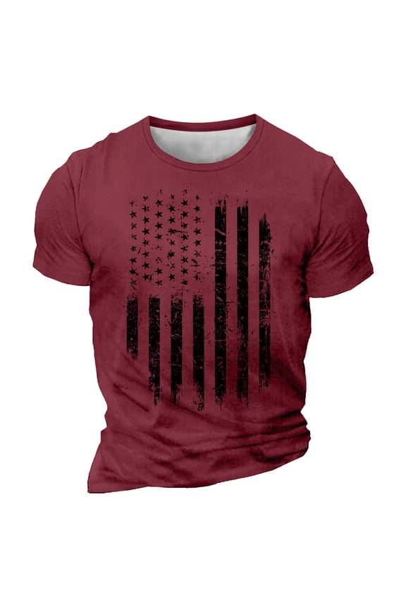4Th Of July Shirts For Men Fashion American Flag Graphic Tee Independence Day Short Sleeve Round Neck Patriotic T-Shirts Wine XXXXL
