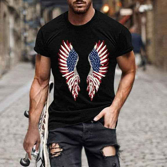 4Th Of July Shirts For Men Fashion Independence Day Printed Tees Casual Short Sleeve Loose Round Neck Blouse Top Black XXL