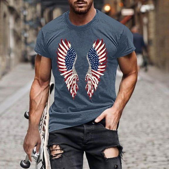 4Th Of July Shirts For Men Fashion Independence Day Printed Tees Casual Short Sleeve Loose Round Neck Blouse Top Navy M