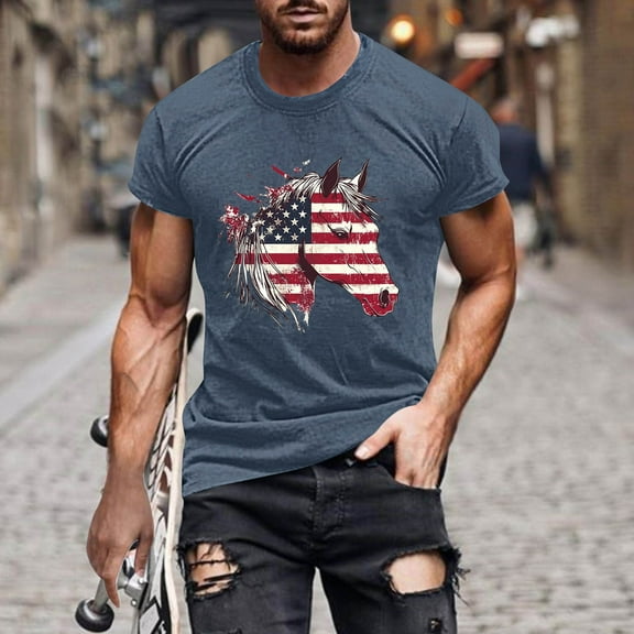 4Th Of July Shirts For Men Plus Size Fashion American Flag Short Sleeve Pullover Tees Casual Independence Day Round Neck Top Navy XXXL