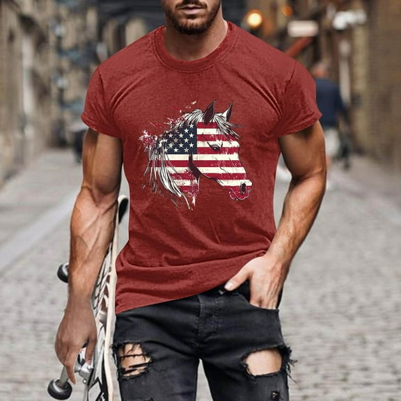 4Th Of July Shirts For Men Plus Size Fashion American Flag Short Sleeve Pullover Tees Casual Independence Day Round Neck Top Red M