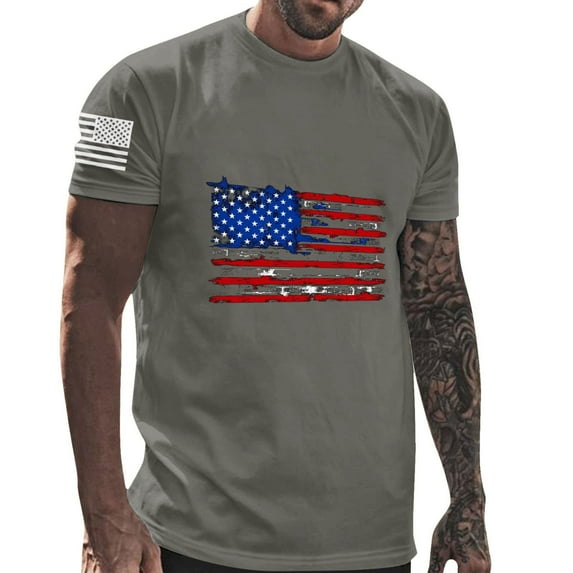 4Th Of July T-Shirt For Men's Trendy USA Flag Printed Round Neck Pullover Summer Cotton Shorts Sleeves Fitness Sports Tops Dark Gray XXXL