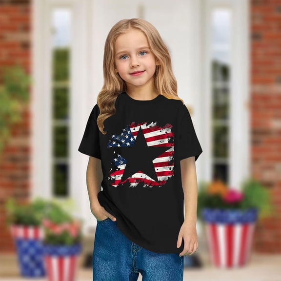 4Th Of July T-Shirt For Toddler Boys Girls USA Flag Stars Stripes Graphic Tees Cute Round Neck Casual Short Sleeve Cotton Top Black 9-10 Years