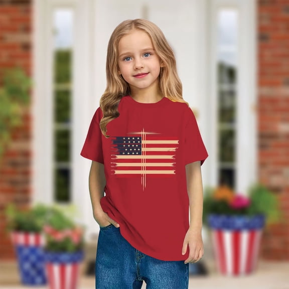 4Th Of July T-Shirt For Toddler Boys Girls USA Flag Stars Stripes Graphic Tees Cute Round Neck Casual Short Sleeve Cotton Top Red 3-4 Years