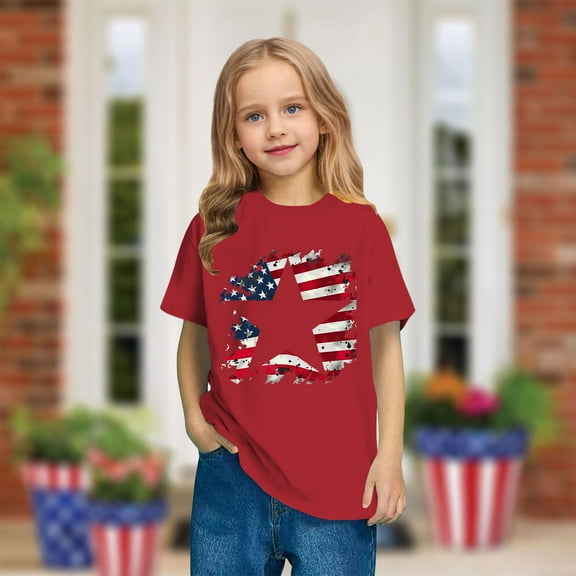 4Th Of July T-Shirt For Toddler Boys Girls USA Flag Stars Stripes Graphic Tees Cute Round Neck Casual Short Sleeve Cotton Top Red 5-6 Years