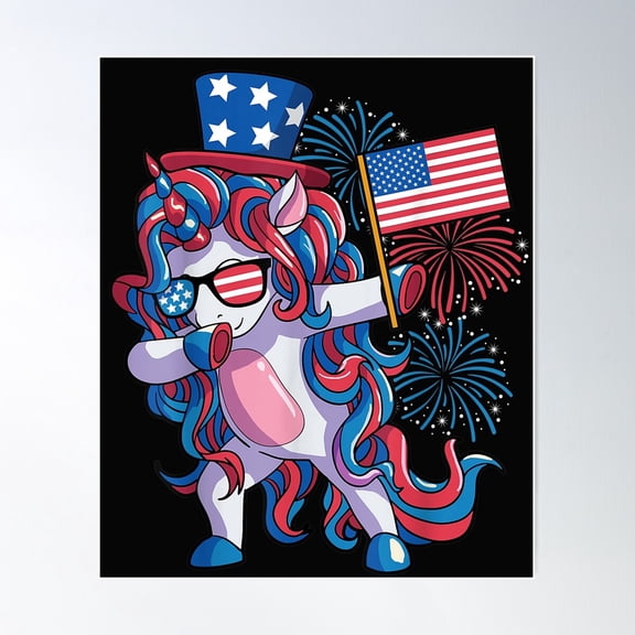 4Th Of July Unicorn Girls Women American Dab Art Unframed Paper Print