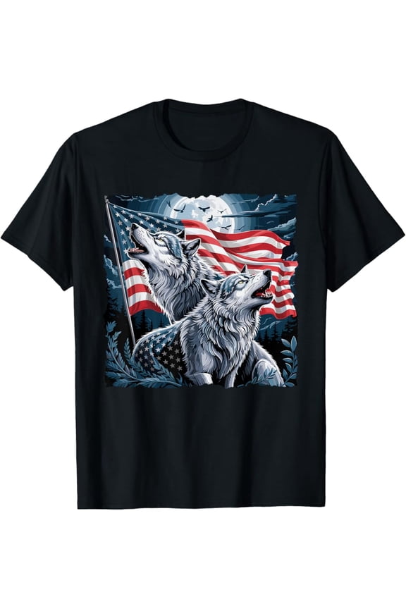 4Th Of July Wolf American Flag Howling Wolves Patriotic T-Shirt