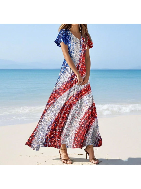 4Th of July Dresses for Women Short Sleeve American Flag Dress Casual Independence Day Maxi Dresses Wine 2XL