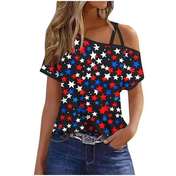 4Th of July Off The Shoulder Tops for Women Outfits Ladies Short Sleeve USA Patriotic Shirts Summer Clothes