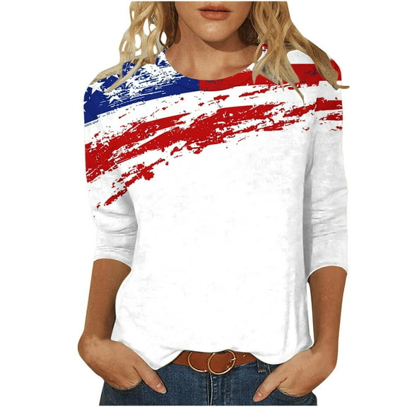 4Th of July Shirts Women Funny Patriotic 3/4 Sleeve Tops Independence Day Crewneck Flag Graphic Tees Blouses