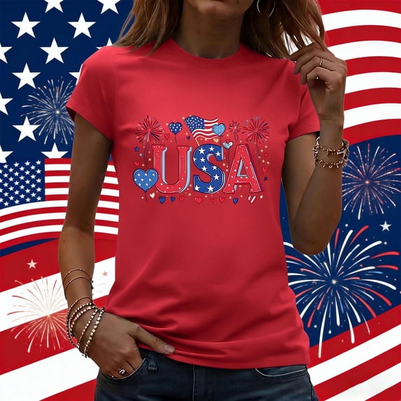 4Th of July Shirts Women Summer Tops for Womens 2026 Short Sleeve Patriotic Tops Crew Neck Casual American Flag Shirt