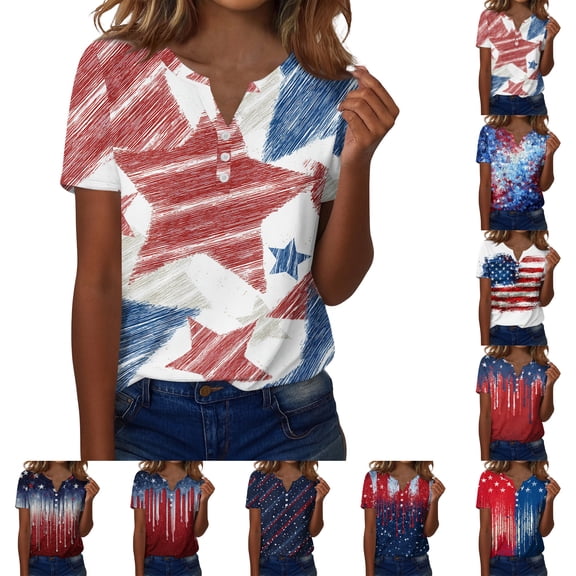 4Th of July Shirts Women Summer Tops for Womens 2026 Short Sleeve Patriotic Tops Henley V-Neck Casual American Flag Shirt Red XL