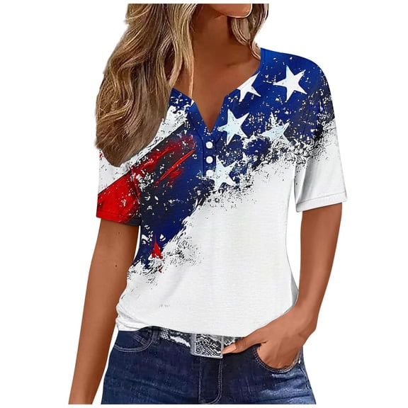 4Th of July Shirts Women Summer Tops for Womens Short Sleeve Patriotic Tops V-Neck Casual American Flag Shirt