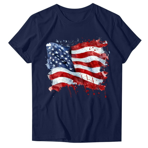4Th of July Shirts Women USA American Flag Cotton Tops Crewneck Patriotic Basic Tees Short Sleeve T-Shirt