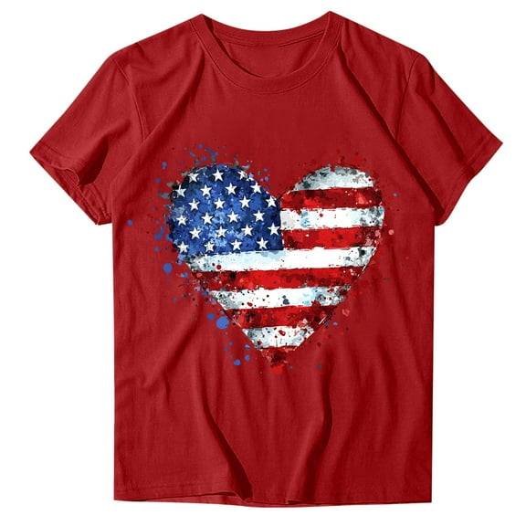 4Th of July Shirts Women USA American Flag Cotton Tops Crewneck Patriotic Basic Tees Short Sleeve T-Shirt