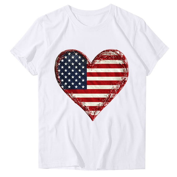 4Th of July Shirts Women USA American Flag Cotton Tops Crewneck Patriotic Basic Tees Short Sleeve T-Shirt