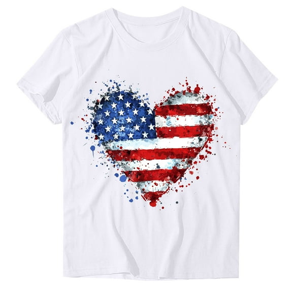 4Th of July Shirts Women USA American Flag Cotton Tops Crewneck Patriotic Basic Tees Short Sleeve T-Shirt