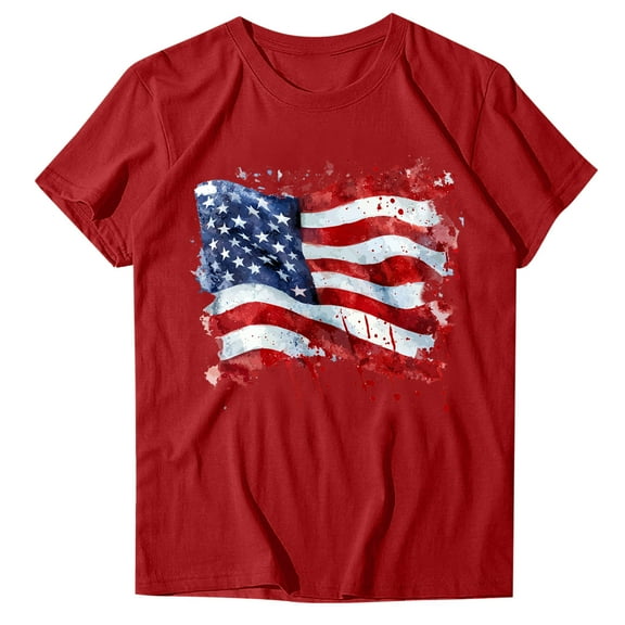4Th of July Shirts Women USA American Flag Cotton Tops Crewneck Patriotic Basic Tees Short Sleeve T-Shirt