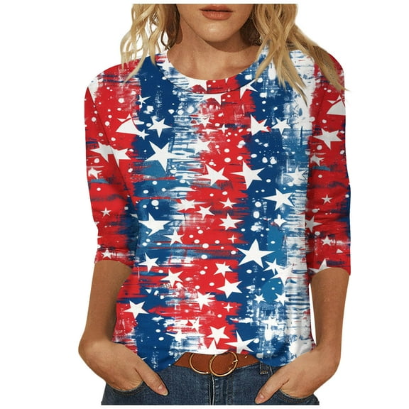 4Th of July Tops for Women American Flag Print Tee Shirt Loose Fit Short Sleeve V Neck Casual Tunic Blouse