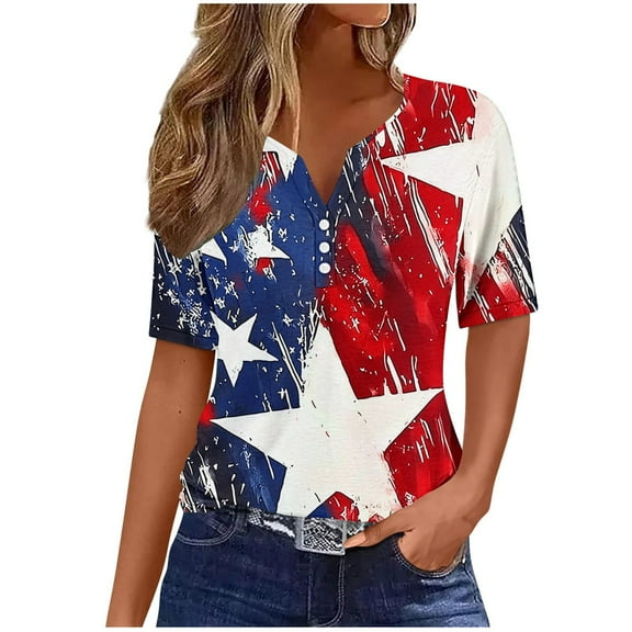 4Th of July Tops for Women American Flag Print Tee Shirt Loose Fit Short Sleeve V Neck Casual Tunic Blouse