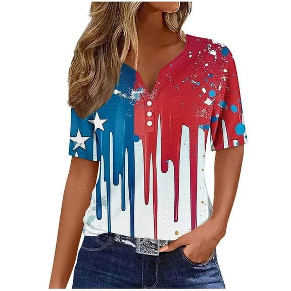 4Th of July Tops for Women American Flag Print Tee Shirt Loose Fit Short Sleeve V Neck Casual Tunic Blouse