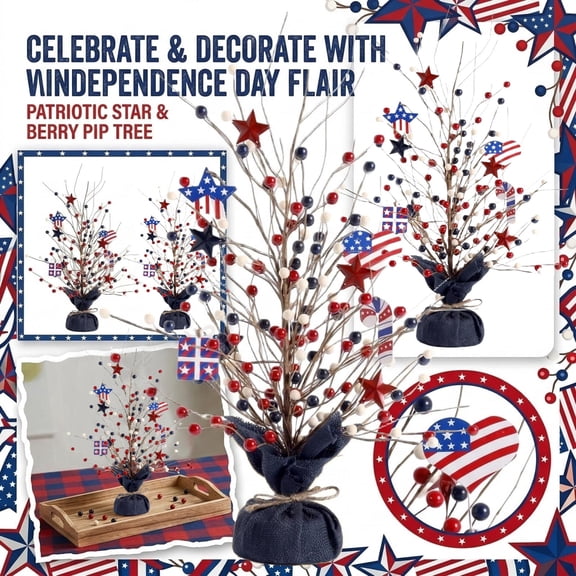 4Th of July Tree Decorations, 4Th of July Table Decorations, 18 In, Red Berry Branches, Star Cutouts, Burlap Base, Tabletop, 1 Pc