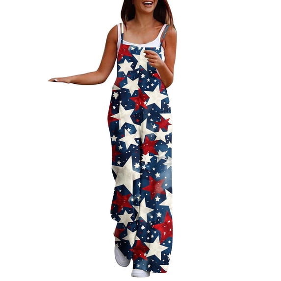 4Th of July Women's Jumpsuits Summer Plus Size Fashion Sleeveless Baggy Overalls with Pockets Dressy Casual Rompers