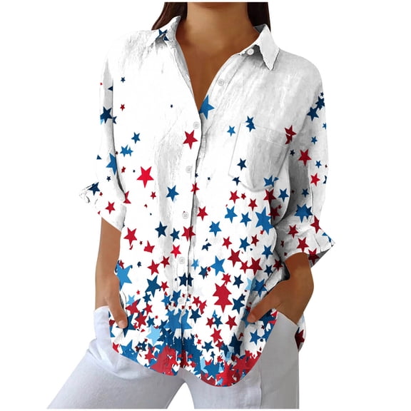 4Th of July Women's Linen Independence Day American Flag Floral Print Shirt Casual Button Down Short Sleeve Blouse