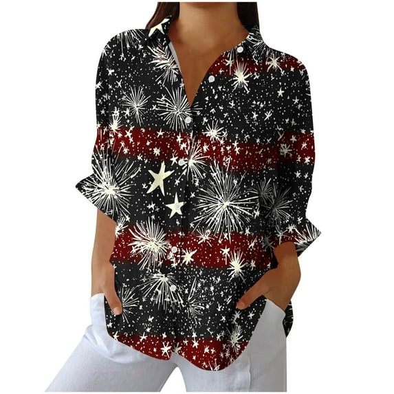 4Th of July Women's Linen Independence Day American Flag Floral Print Shirt Casual Button Down Short Sleeve Blouse