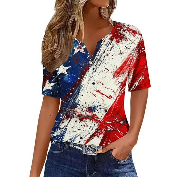 4Th of July Women's Linen Independence Day American Flag Floral Print Shirt Casual Button Down Short Sleeve Blouse