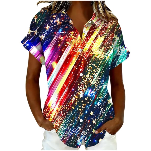 4Th of July Womens Tops Fashion Print V Neck Short Sleeve Button Down Shirts Summer Dressy Casual Blouses