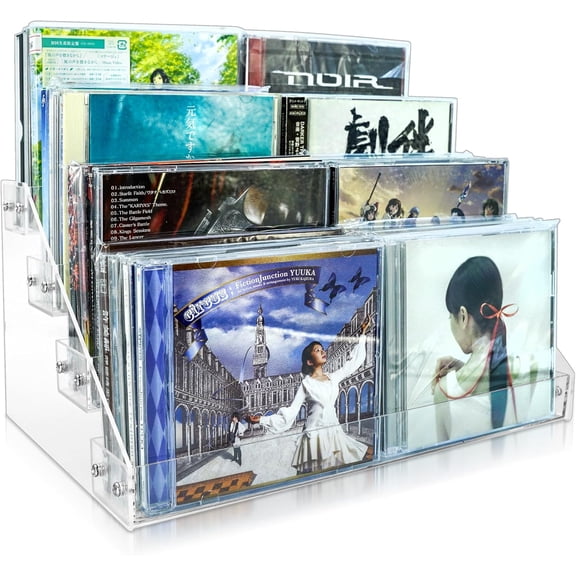 4Tier Clear Acrylic CD Holder - Cascading & DVD Storage Rack with Vinyl Record Stand Holds up to 32 Cases (Large, Clear)