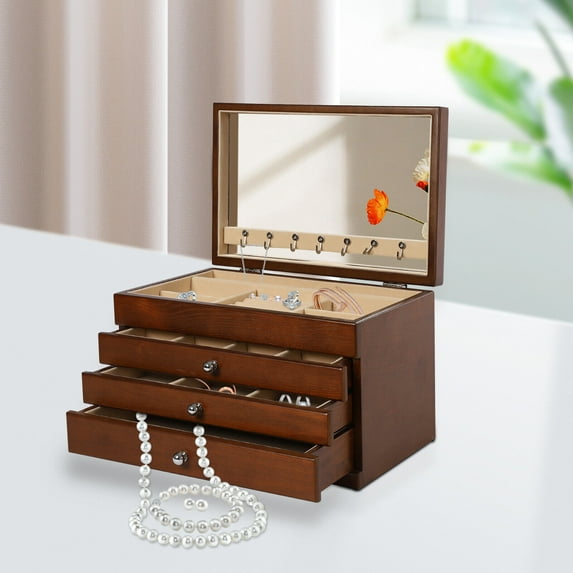 4Tiers Vintage Wooden Watch & Jewelry Box Accessories Organizer Case+ Mirror