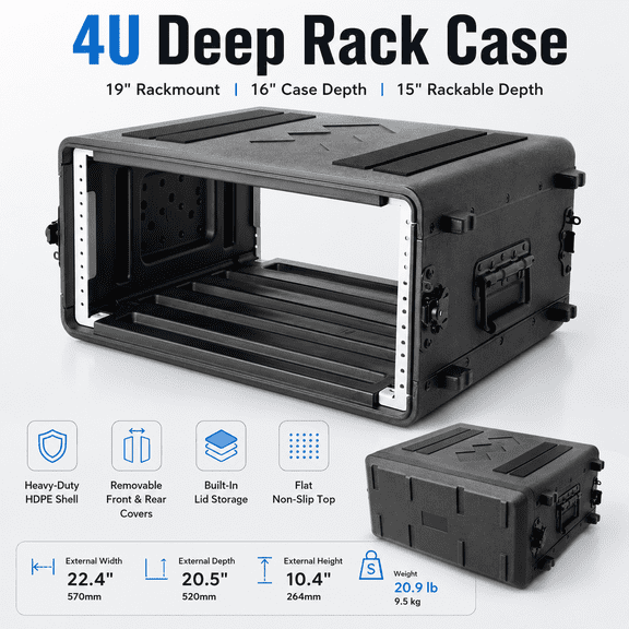 4U Rack Case Standard 17" Depth, 19" Rackmount Flight Cases, Watertight Dust-proof 4 Space Shock Mount Racks with Microphone Compartments