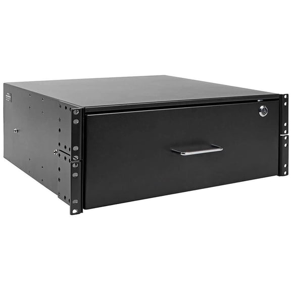 4U drawer mounts in EIA-standard 19 in. 2-post rack to store tools, notes, cables, computer discs and other essential rack equipment accessories up to 50 lb