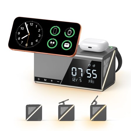 4URPC 6-in-1 Alarm Clock Wireless Charging Station for Apple Multiple Devices,MagSafe Charging Dock for iPhone 17/16/15/14/13 Series, Apple Watch, AirPods,Wireless Charger with Night Light/Alarm Cloc