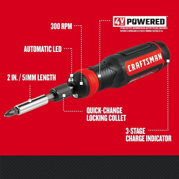 4V Electric Screwdriver Set, 300 RPM, -USB Charging Port, 3-Stage Battery Charge Indicator (CMHT66718B20)